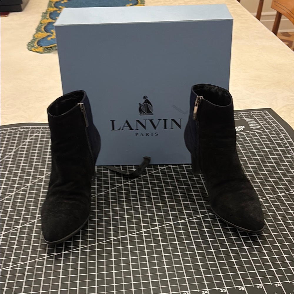 Lanvin Paris Bottine Compensee wedge black suede booties.